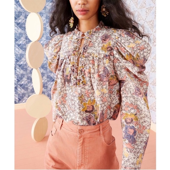 Ulla Johnson Tops - Ulla Johnson Remy Floral Puff Sleeve Open V Neck Tie Front Blouse Size 10